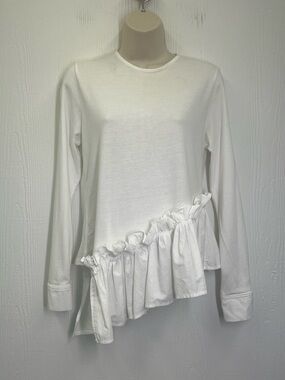 Zara - White Crewneck Ruffled Hem Lightweight Long Sleeve Blouse Size Small